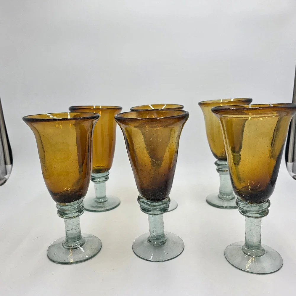 Set of 6 Amber Blown Glass Wine Goblets Aqua Blue Stem Bubbles Hand Blown 8